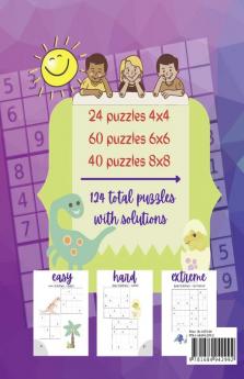 Dinosaur Sudoku Kids Ages 6-10 : Super Easy to Extreme Puzzle Book for Beginners to Masters | 4x4 6x6 8x8 Big Puzzles for Smart and Clever Kids | 8.5x11 inches