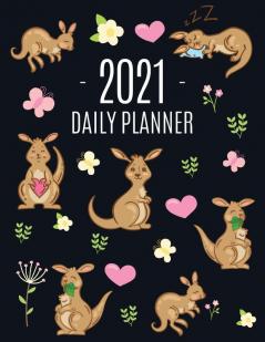 Kangaroo Daily Planner 2021: Cute Animal Calendar Scheduler for Girls - Pretty & Large Weekly Agenda with Australian Outback Animal Pink Hearts + ... Goals Work Office College School