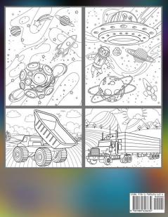 Space and Trucks Coloring Book for Kids ages 4-8: A Fun and Amazing Collection of 80 Space and Truck based Illustrations (Childrens Coloring Books)