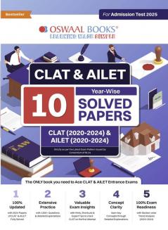 Oswaal CLAT & AILET 10 Previous Years Solved Papers - Year-Wise | CLAT (2020 -2024) & AILET (2020 - 2024) For Admission Test 2025