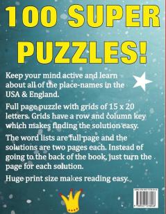 Huge Print USA & England Word Search: 100 Large Print Place Name Puzzles featuring cities in every US State and English Count: 4 (Huge Print Word Search)