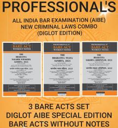 एआईबीई परीक्षा PROFESSIONAL'S AIBE Exam New Criminal Laws Combo 3 Bare Acts set without Notes बिना नोट्स के Diglot Edition डिगलॉट न्यू क्रिमिनल कानून Bharatiya Nagarik Suraksha Sanhita BNSS भारतीय नागरिक सुरक्षा संहिता 2023 Bharatiya Nyaya Sanhita …