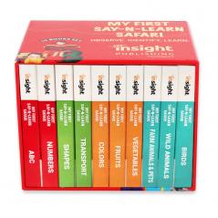 MY FIRST SAY-N-LEARN SAFARI-Set of 10 Books set - Book on ABC Numbers Shapes Transport Colors Fruits Vegetables Farm Animals & Pets Wild Animals & Birds Board book