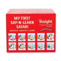 MY FIRST SAY-N-LEARN SAFARI-Set of 10 Books set - Book on ABC Numbers Shapes Transport Colors Fruits Vegetables Farm Animals & Pets Wild Animals & Birds Board book