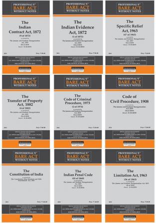 9 Bare Acts For Law Students/Judiciary Aspirants:Code Of Civil ProcedureCode Of Criminal ProcedureConstitutionIPCTransfer Of PropertySpecific Relief ActContract ActLimitation ActEvidence Act