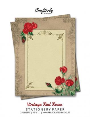 Vintage Red Roses Stationery Paper: Antique Letter Writing Paper for Home Office 25 Sheets (Border Paper Design)