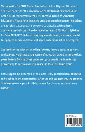 Mathematics Standard Cbse Class 10 Last 10 Years Boards Question Papers (Session 2021-22) : Maths Previous Year Papers Cbse Grade X Board Examination 2021-2022