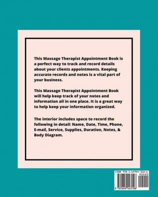 Massage Therapist Appointment Book: Therapy Log Notes Client Planner Record Information Organizer Schedule Journal