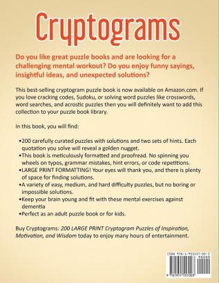 Cryptograms: 200 LARGE PRINT Cryptogram Puzzles of Inspiration Motivation and Wisdom