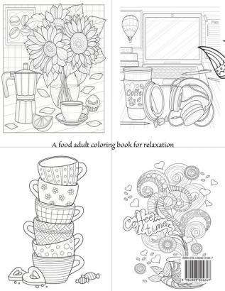 Coloring book zen. Adult coloring book coffee skilfully pictured in everyday situations. Stacked coffee cups coffee at the computer coffee and ... A food adult coloring book for relaxation