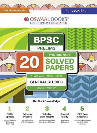 Oswaal BPSC Prelims 20 Previous Years' solved papers (1995-2023) General Studies | English Medium (for 2024 exam)