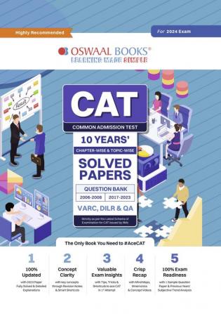 Oswaal CAT 10 Years Chapter-Wise & Topic-Wise Solved Papers Hardcover Book (VARC DILR & QA) (2006 - 2008 & 2017-2023) For 2024 Exam