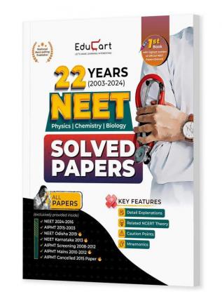 Educart NEET 22 Years Solved Papers 2003-2024 (Physics Chemistry and Biology) for 2025 Exam (with NCERT Related theory & Mnemonics introduced)