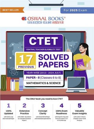 Oswaal CTET (CENTRAL TEACHER ELIGIBILITY TEST) 17 Previous Solved Papers Year-wise (2013-2024 July) Paper-II (Classes 6 to 8) Mathematics & Science (For 2025 Exam)