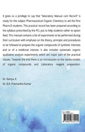 PHARMACEUTICAL ORGANIC CHEMISTRY LAB MANUAL AND RECORD : I PHARM D