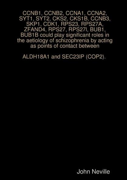 CCNB1 CCNB2 CCNA1 CCNA2 SYT1 SYT2 CKS2 CKS1B CCNB3 SKP1 CDK1 RPS23 RPS27A ZFAND4 RPS27 RPS27l BUB1 BUB1B could play significant roles in the aetiology of schizophrenia by acting as points of contact between ALDH18A1 and SEC23IP (COP2).