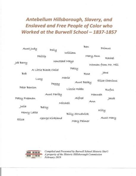 Antebellum Hillsborough Slavery and Enslaved and Free People of Color who Worked at the Burwell School 1837-1857