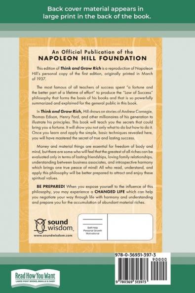 Think and Grow Rich: The Original an Official Publication of The Napoleon Hill Foundation (16pt Large Print Edition)
