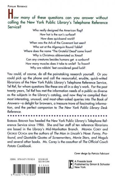 Book of Answers: The New York Public Library Telephone Reference Service's Most Unusual and Enter