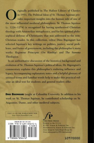 The Political Ideas of St. Thomas Aquinas (Hafner Library of Classics)