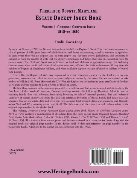 Frederick County Maryland Estate Docket Index Book Volume 4