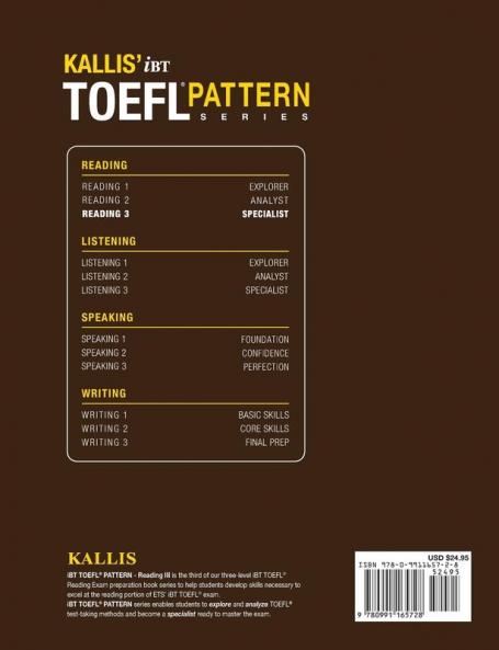 Kallis' TOEFL iBT Pattern Reading 3: Specialist (College Test Prep 2016 + Study Guide Book + Practice Test + Skill Building - TOEFL iBT 2016)