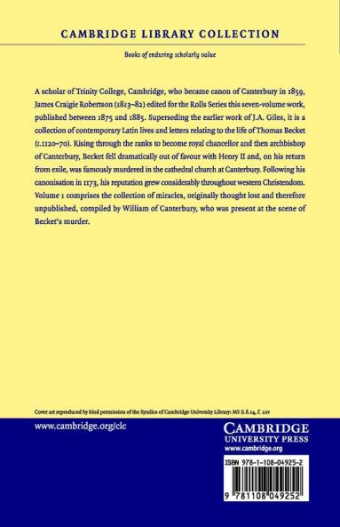 Materials for the History of Thomas Becket Archbishop of Canterbury (Canonized by Pope Alexander III Ad 1173) - Volume 1