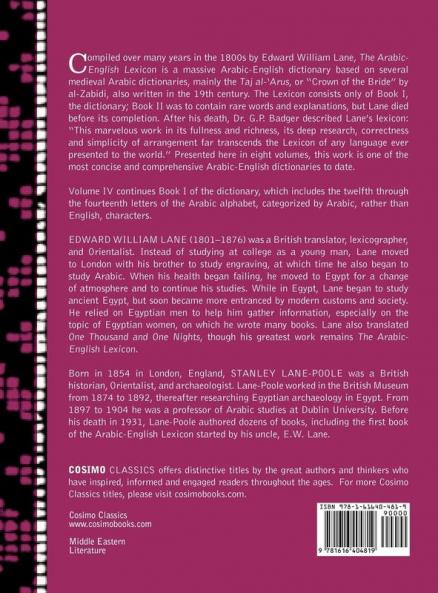 An Arabic-English Lexicon (in Eight Volumes) Vol. IV: Derived from the Best and the Most Copious Eastern Sources: 4