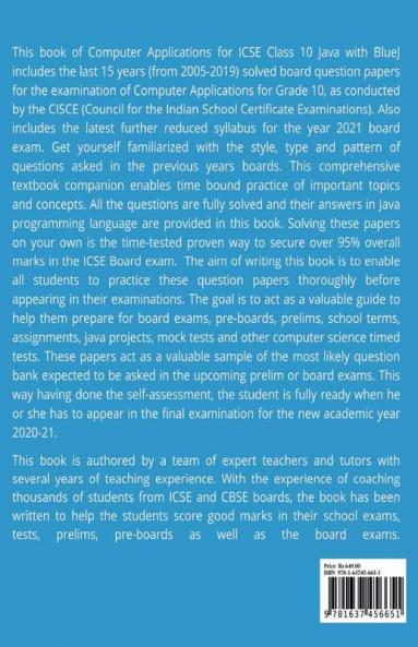 ICSE Class 10 Computer Applications Last 15 years Solved Question Papers for Java with BlueJ Year 2021 : Questions Paper with Answers of CISCE Grade X Board Exams 2005 - 2019