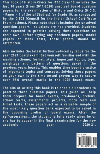 Icse Class 10 History Civics Last 10 Years Unsolved Question Papers Bank For Year 2021 : H.C.G. Paper 1 Question Papers Of Cisce Grade X Board Exams 2011 - 2020