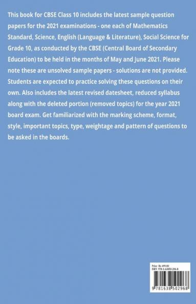 Class 10 CBSE Latest Sample Papers (2020-2021) Combo for Board Exam May June 2021 : Maths Science English Social Science CBSE Grade X Boards 2020-21