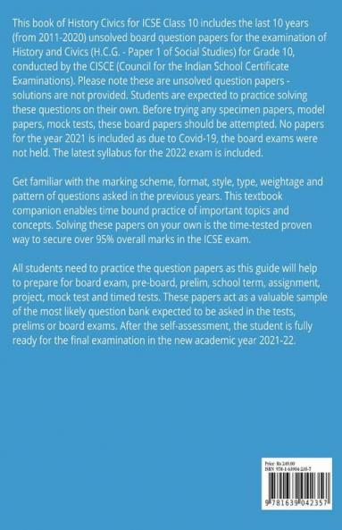 Icse Class 10 History Civics Last 10 Years Question Papers H.C.G. Paper 1 (Session 2021-2022) : Unsolved Question Papers Of Cisce Class X Board Exams 2011 - 2020