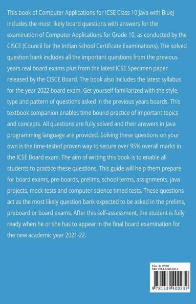 Icse Class 10 Computer Applications Chapter Wise Solved Question Bank For Java With Bluej (Session 2021-2022) Most Likely Important Questions With Answers For Cisce Grade X Board Exams