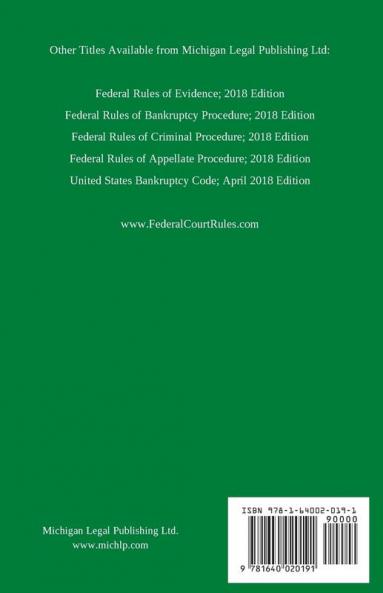 Federal Rules of Civil Procedure; 2018 Edition