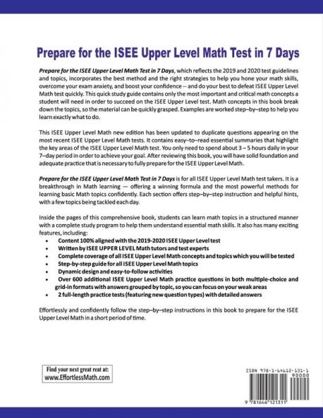 Prepare for the ISEE Upper Level Math Test in 7 Days: A Quick Study Guide with Two Full-Length ISEE Upper Level Math Practice Tests