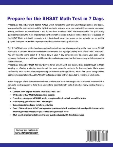 Prepare for the SHSAT Math Test in 7 Days: A Quick Study Guide with Two Full-Length SHSAT Math Practice Tests