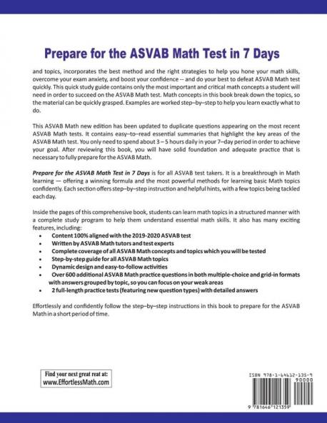 Prepare for the ASVAB Math Test in 7 Days: A Quick Study Guide with Two Full-Length ASVAB Math Practice Tests