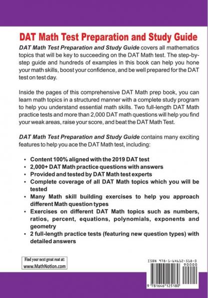 DAT Math Test Preparation and study guide: The Most Comprehensive Prep Book with Two Full-Length DAT Math Tests