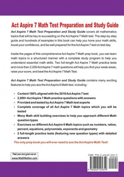 ACT Aspire 7 Math Test Preparation and Study Guide: The Most Comprehensive Prep Book with Two Full-Length ACT Aspire Math Tests