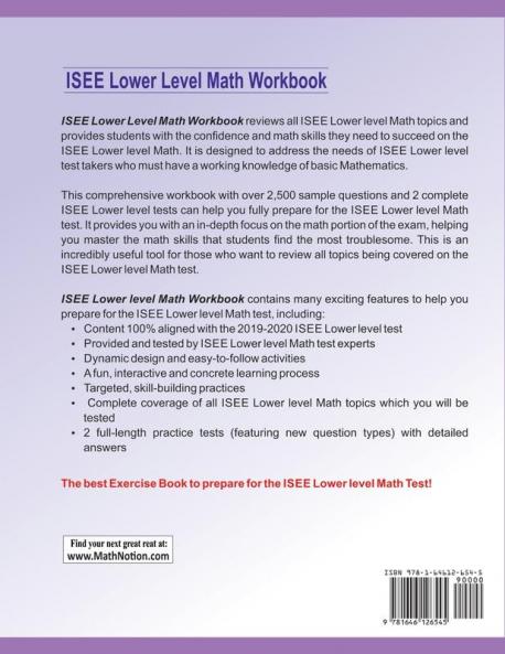 ISEE Lower Level Math Workbook: Math Exercises Activities and Two Full-Length ISEE Lower Level Math Practice Tests