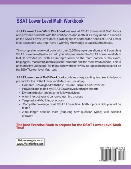 SSAT Lower Level Math Workbook: Math Exercises Activities and Two Full-Length SSAT Lower Level Math Practice Tests