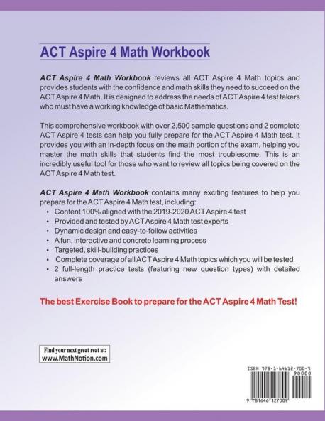 ACT Aspire Math Workbook: 4th Grade Math Exercises Activities and Two Full-Length ACT Aspire Math Practice Tests