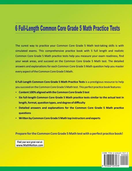 6 Full-Length Common Core Grade 5 Math Practice Tests: Extra Test Prep to Help Ace the Common Core Grade 5 Math Test