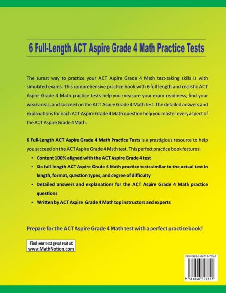 6 Full-Length ACT Aspire Grade 4 Math Practice Tests: Extra Test Prep to Help Ace the ACT Aspire Grade 4 Math Test