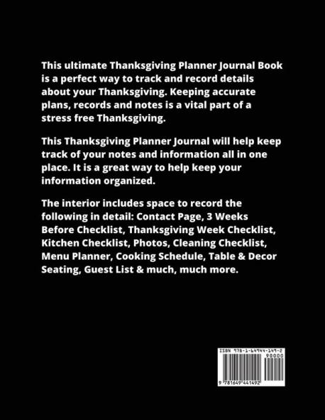 Thanksgiving Planner: Ultimate Personal Organizer Plan Meal Weekly Agenda Notes Pages Gift Friends & Family Thanksgiving Day Journal Notebook Book