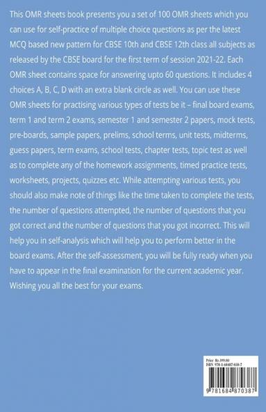 Term 1 Class 10 12: Set of 100 OMR Sheets with Extra Blank Circle (60 MCQs each) for Practice : CBSE New Format OMRs for Grade 10 12 Board Exams