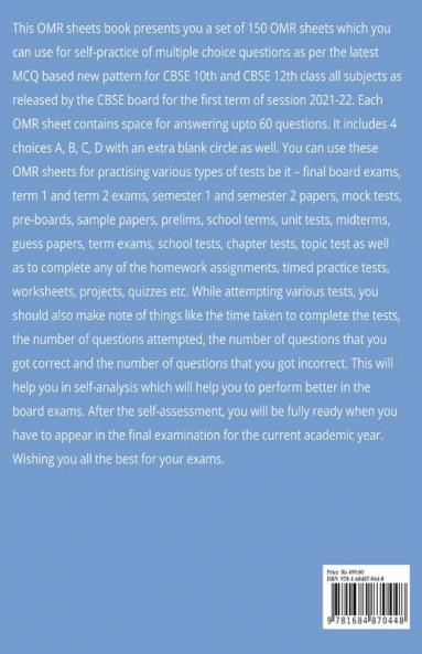 Term 1 Class 10 12: Set of 150 OMR Sheets with Extra Blank Circle (60 MCQs each) for Practice : CBSE New Format OMRs for Grade 10 12 Board Exams