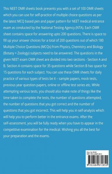 Neet Ug Set Of 100 Omr Sheets (200 Mcqs Each) Self Practice Mock Tests: Previous Year Sample Papers Neet Medical Entrance Nta Exam