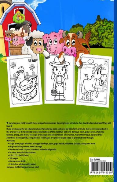 Farm Animals Coloring Book : Cute And Simple Coloring Pages With Domestic Animals For Kids Ages 2-4 Toddlers Preschool Pre-K Kids