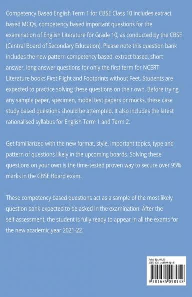 CBSE Class 10 English Competency Based (Extract based MCQs) Chapterwise Term 1 Question Bank For Boards : English Literature CBSE Grade 10 New Pattern Important Questions First Term Board Exams